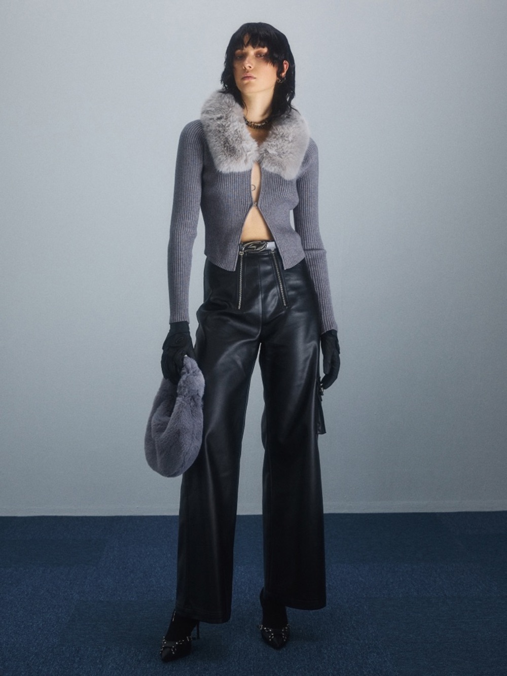 ETERNITY ITA Faux Fur Collar Cardigan in Grey NWT